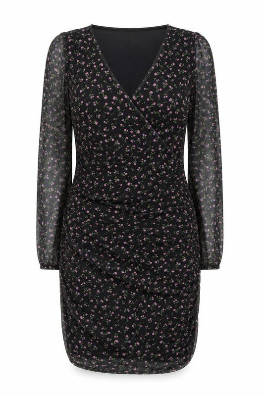 Preworn Womens Black Floral Polyester Bodycon Size 10 V-Neck Pullover