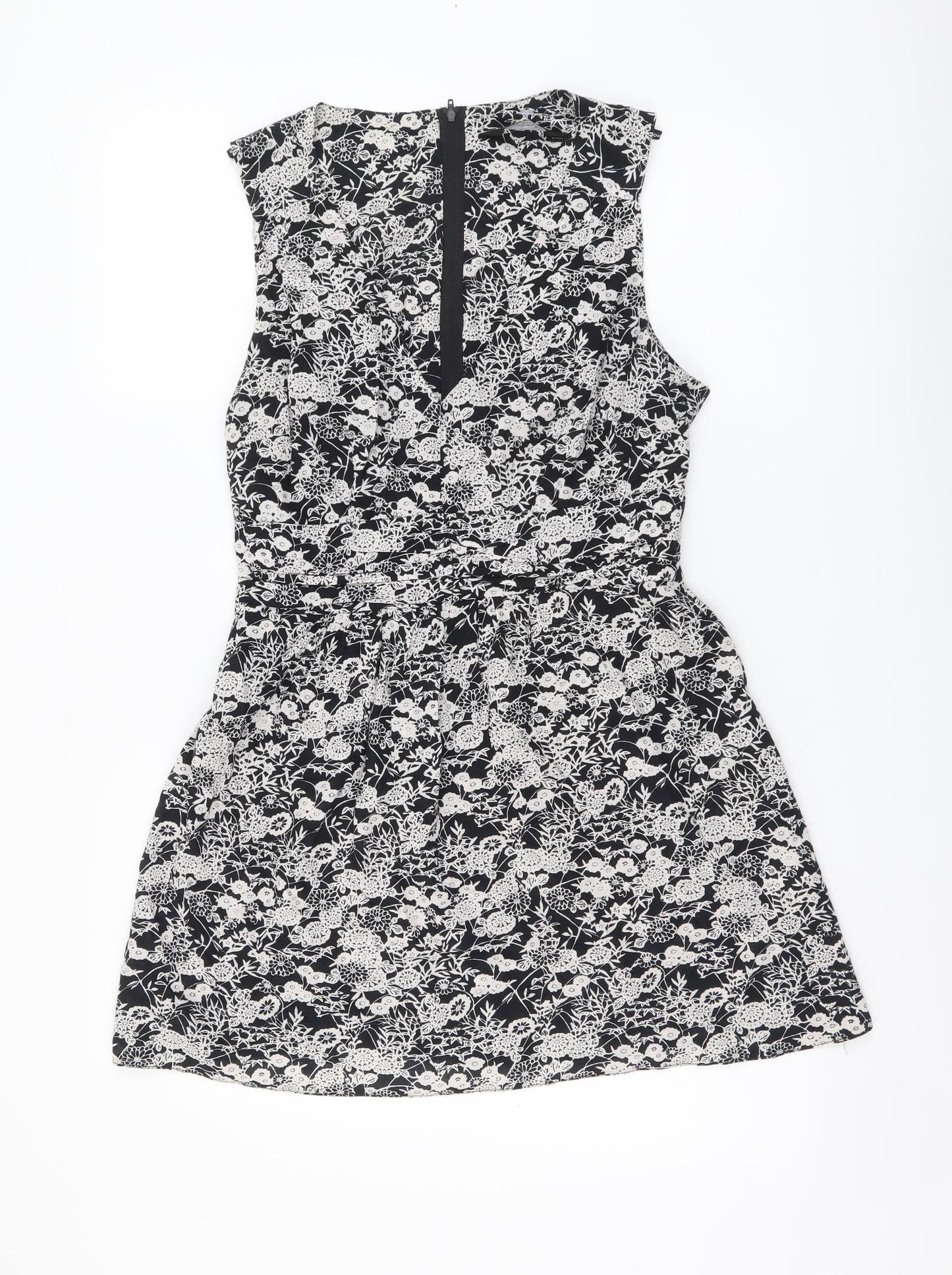 Dorothy Perkins Womens Black Floral Cotton A-Line Size 12 V-Neck Zip