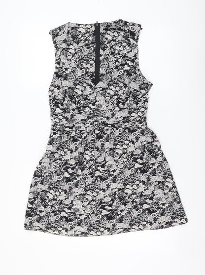 Dorothy Perkins Womens Black Floral Cotton A-Line Size 12 V-Neck Zip