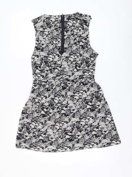Dorothy Perkins Womens Black Floral Cotton A-Line Size 12 V-Neck Zip