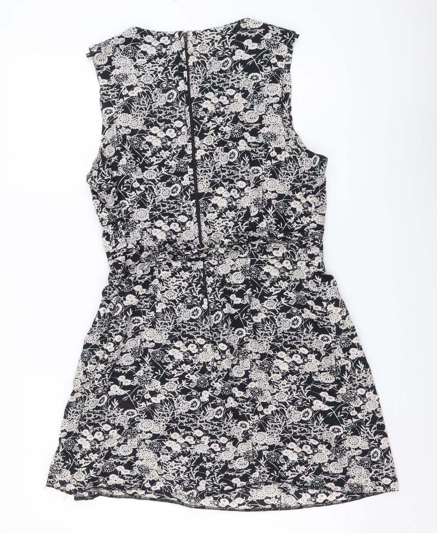 Dorothy Perkins Womens Black Floral Cotton A-Line Size 12 V-Neck Zip