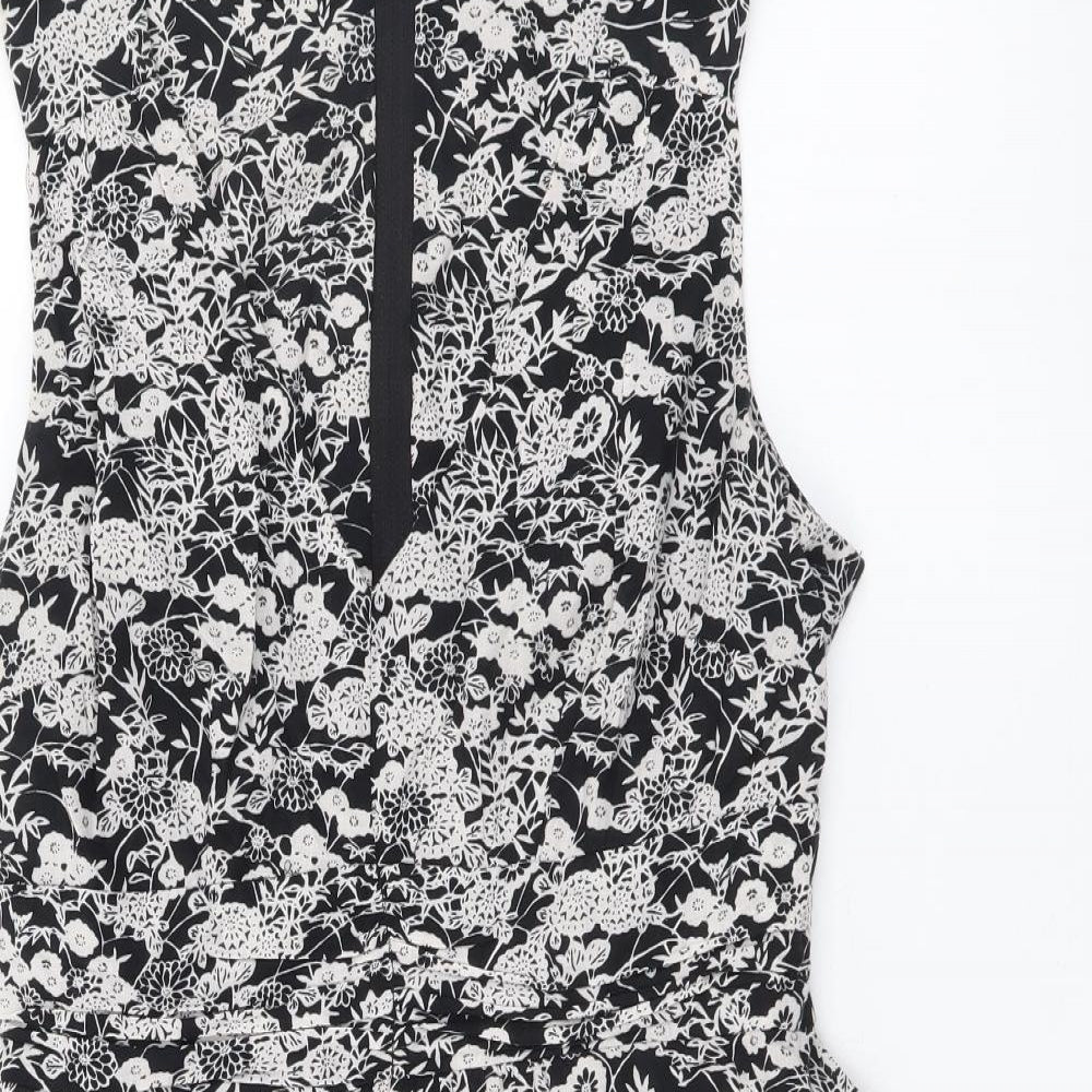 Dorothy Perkins Womens Black Floral Cotton A-Line Size 12 V-Neck Zip