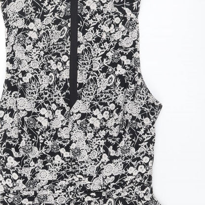 Dorothy Perkins Womens Black Floral Cotton A-Line Size 12 V-Neck Zip