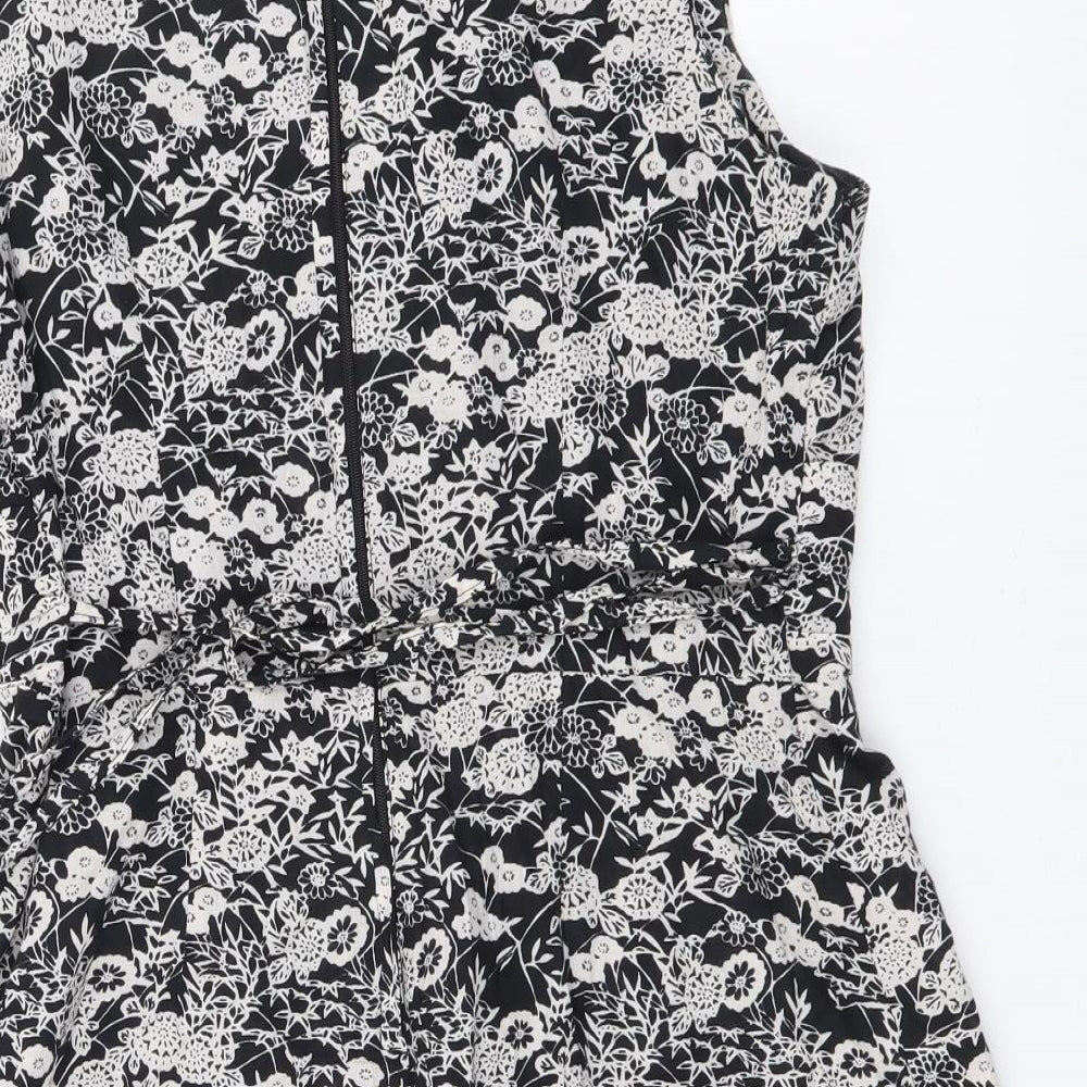 Dorothy Perkins Womens Black Floral Cotton A-Line Size 12 V-Neck Zip