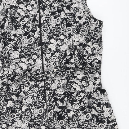 Dorothy Perkins Womens Black Floral Cotton A-Line Size 12 V-Neck Zip