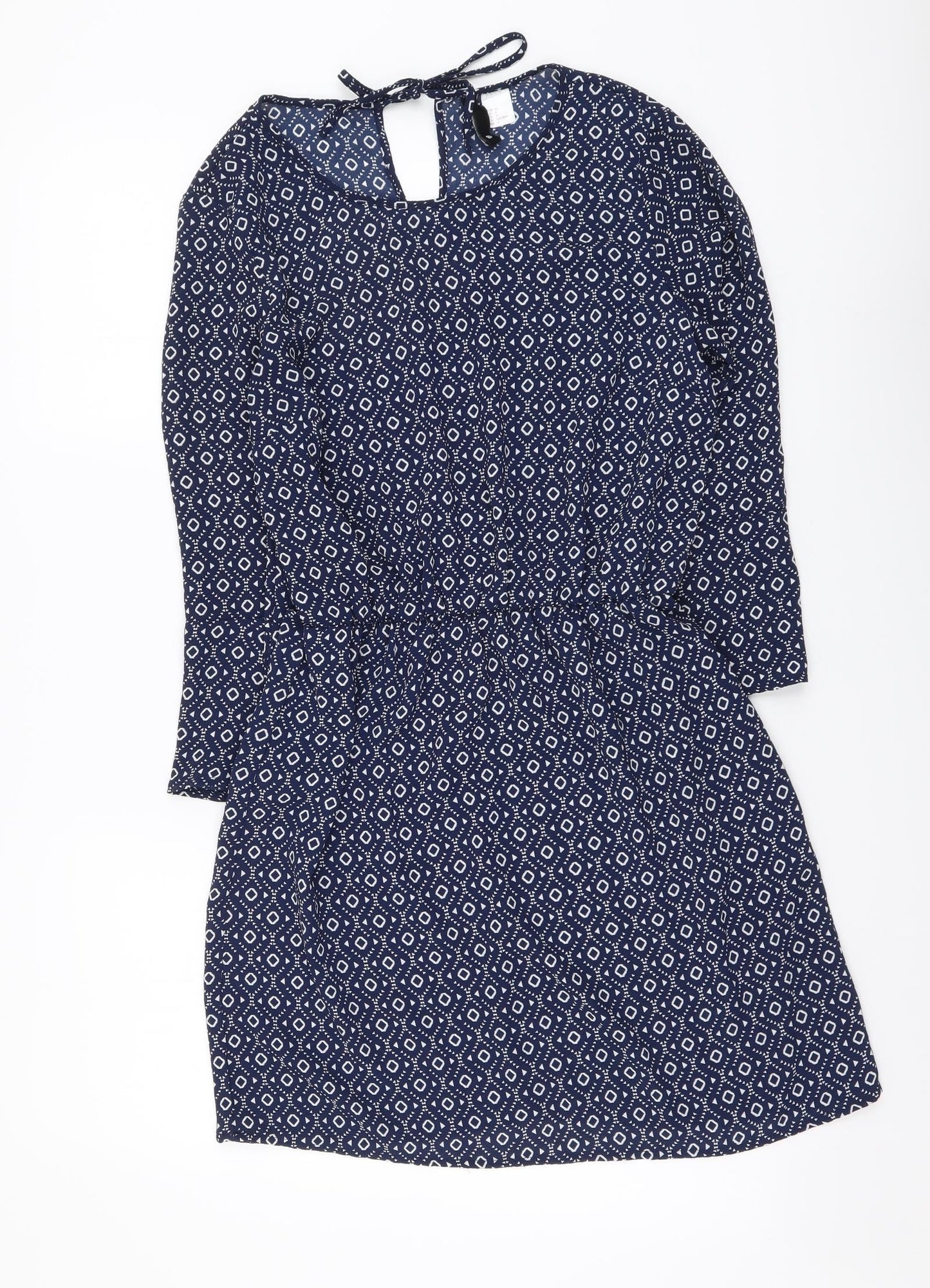 H&M Womens Blue Geometric Polyester Mini Size XS Round Neck Pullover