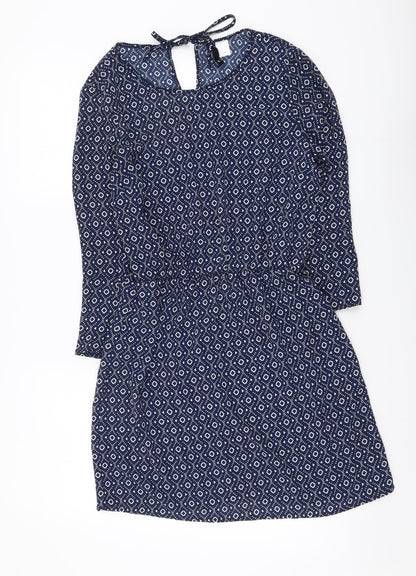 H&M Womens Blue Geometric Polyester Mini Size XS Round Neck Pullover