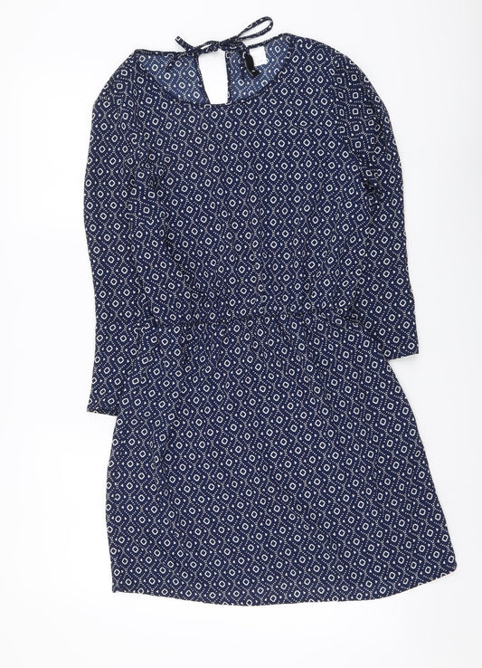 H&M Womens Blue Geometric Polyester Mini Size XS Round Neck Pullover