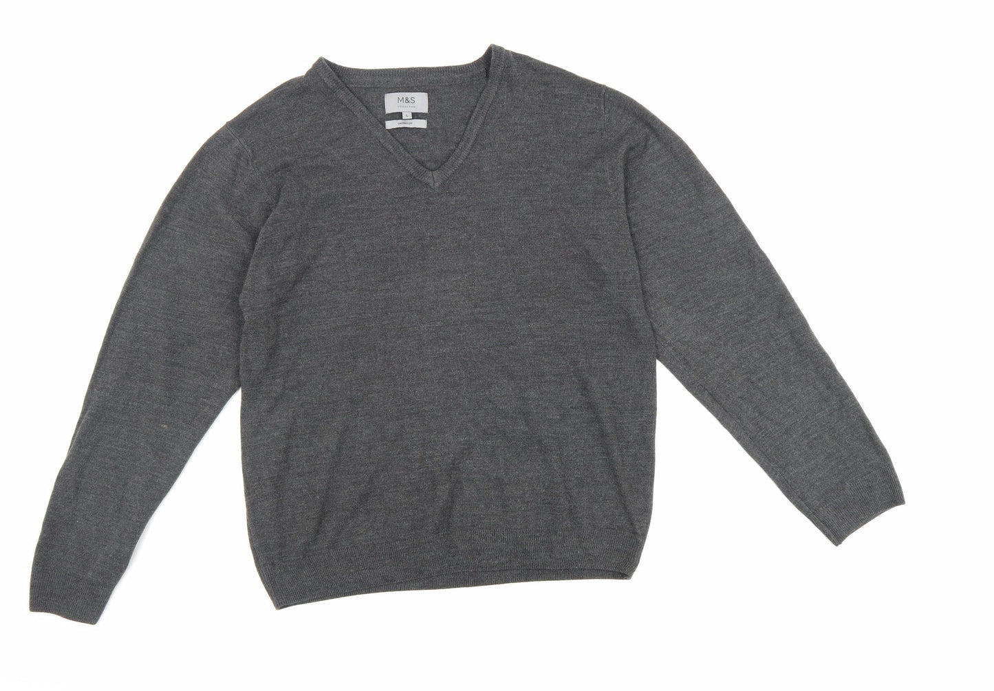Marks and Spencer Mens Grey V-Neck Acrylic Pullover Jumper Size L