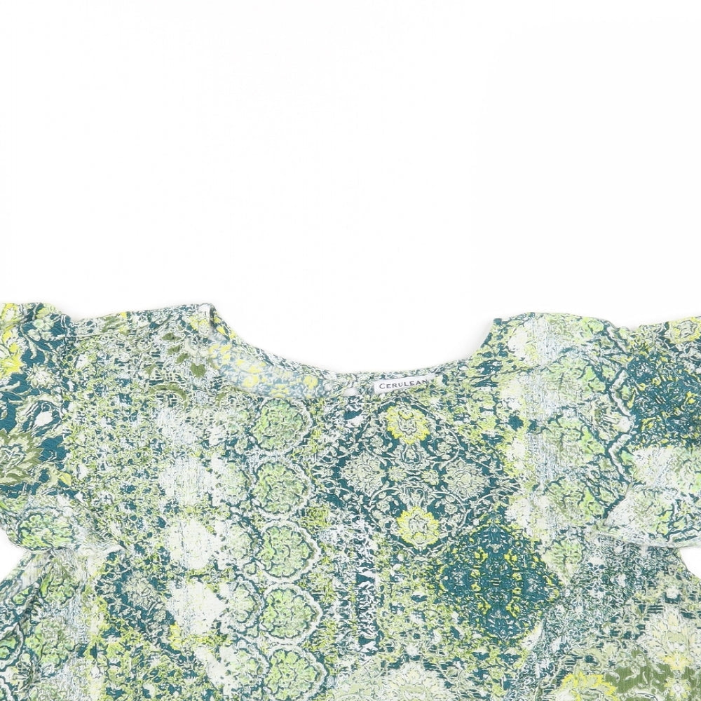 Blue Diamond Womens Green Geometric Viscose Basic Blouse Size L Round Neck