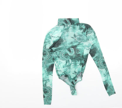 PRETTYLITTLETHING Womens Green Geometric Polyester Bodysuit One-Piece Size 6 Snap