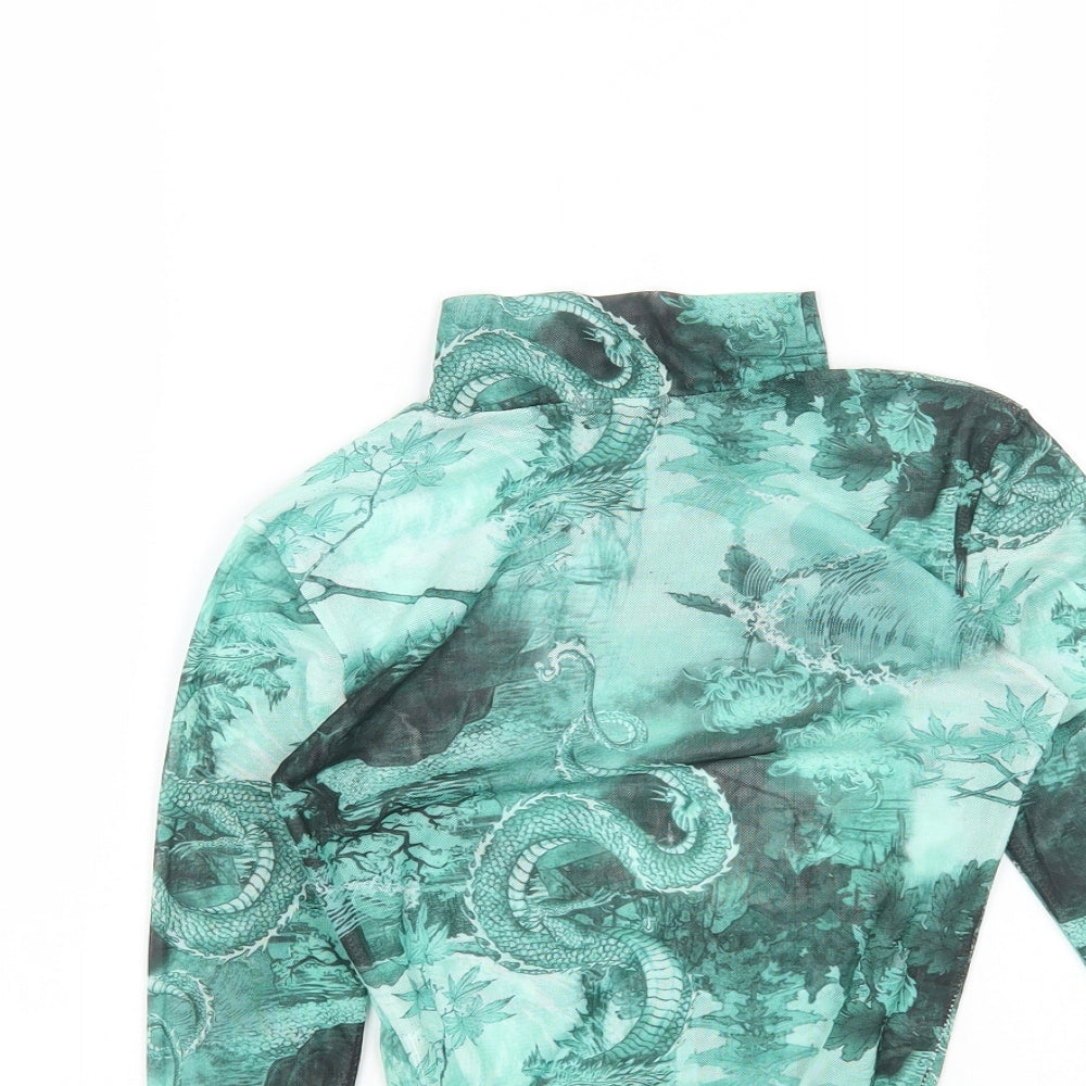 PRETTYLITTLETHING Womens Green Geometric Polyester Bodysuit One-Piece Size 6 Snap