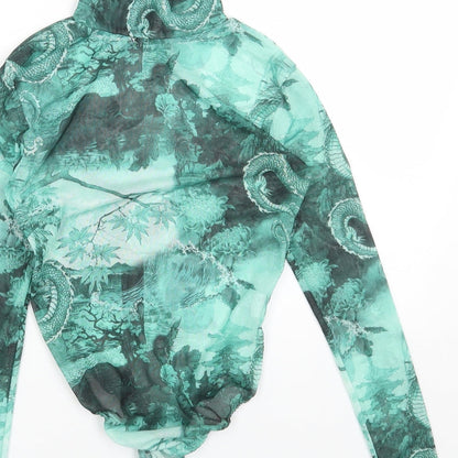 PRETTYLITTLETHING Womens Green Geometric Polyester Bodysuit One-Piece Size 6 Snap