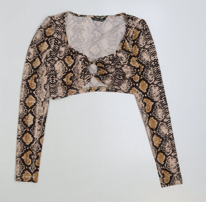 SheIn Womens Brown Animal Print Polyester Cropped T-Shirt Size XS V-Neck - Cut Out