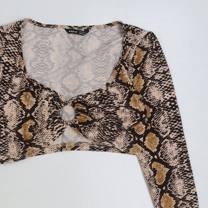 SheIn Womens Brown Animal Print Polyester Cropped T-Shirt Size XS V-Neck - Cut Out