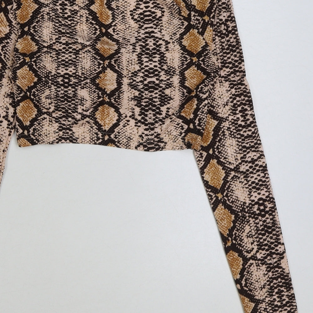 SheIn Womens Brown Animal Print Polyester Cropped T-Shirt Size XS V-Neck - Cut Out