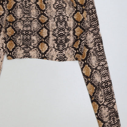 SheIn Womens Brown Animal Print Polyester Cropped T-Shirt Size XS V-Neck - Cut Out