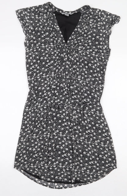 H&M Womens Black Geometric Polyester A-Line Size 8 V-Neck Button