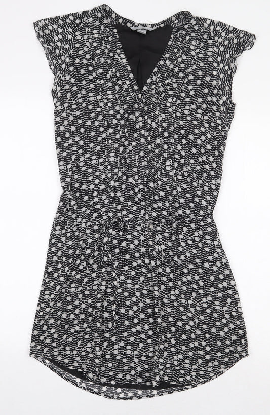 H&M Womens Black Geometric Polyester A-Line Size 8 V-Neck Button