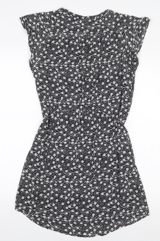 H&M Womens Black Geometric Polyester A-Line Size 8 V-Neck Button