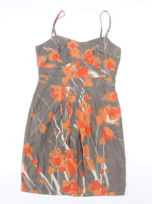 Principles Womens Grey Geometric Cotton Mini Size 8 V-Neck Zip