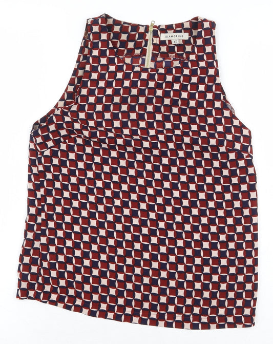 Glamorous Womens Red Geometric Polyester Basic Blouse Size XL Boat Neck