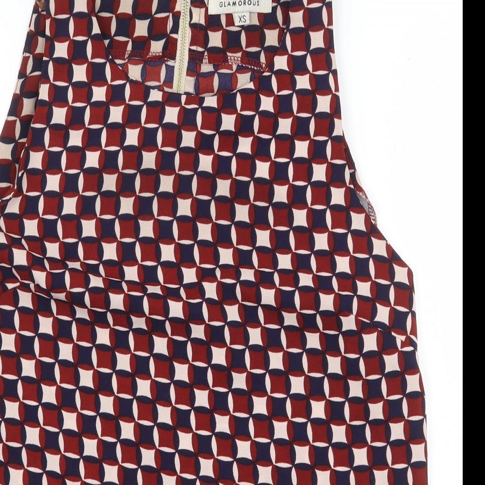 Glamorous Womens Red Geometric Polyester Basic Blouse Size XL Boat Neck