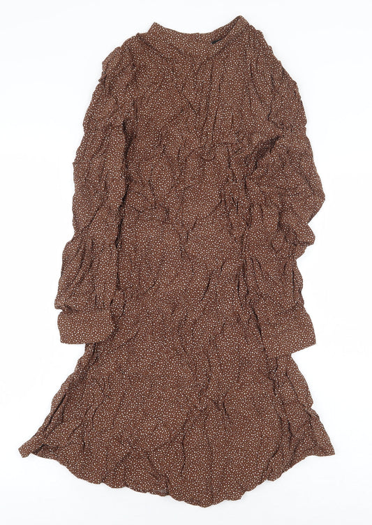 New Look Womens Brown Geometric Viscose A-Line Size 10 Mock Neck Button
