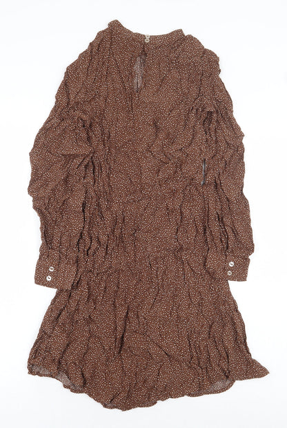 New Look Womens Brown Geometric Viscose A-Line Size 10 Mock Neck Button
