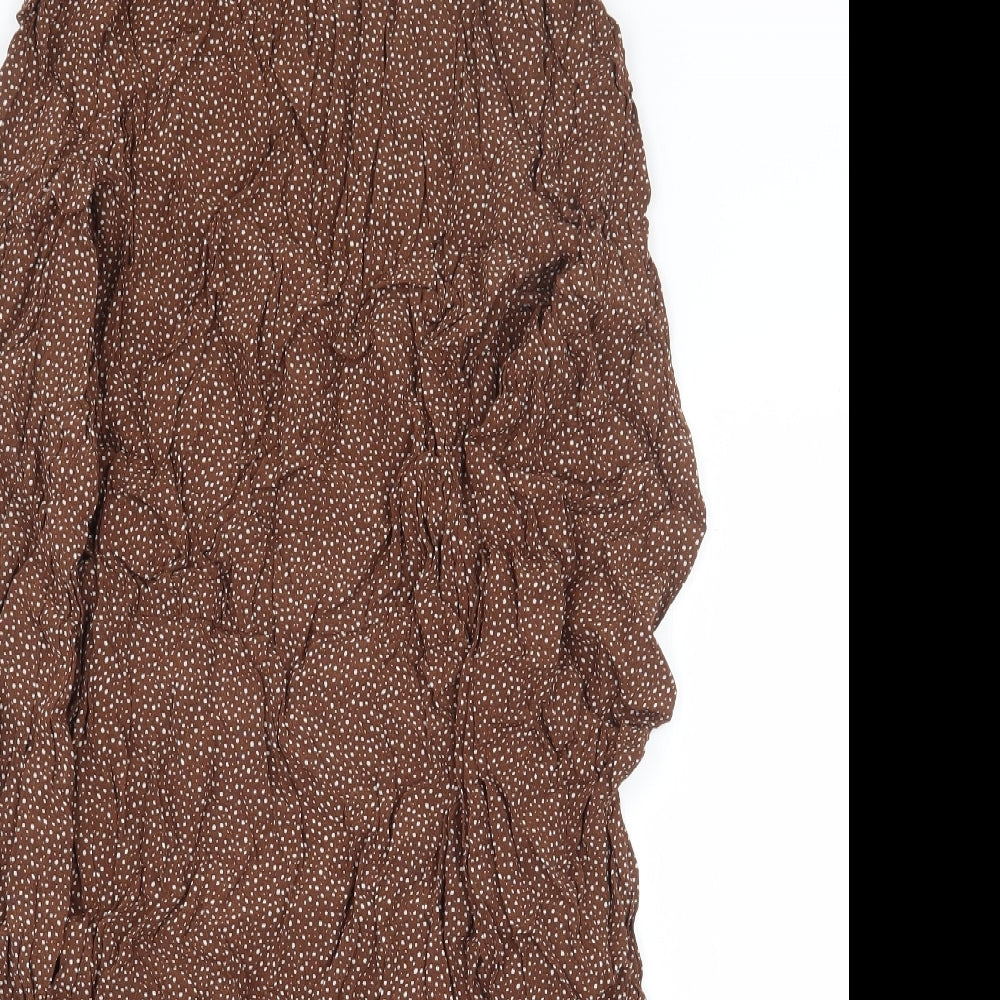 New Look Womens Brown Geometric Viscose A-Line Size 10 Mock Neck Button