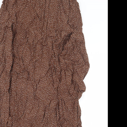 New Look Womens Brown Geometric Viscose A-Line Size 10 Mock Neck Button