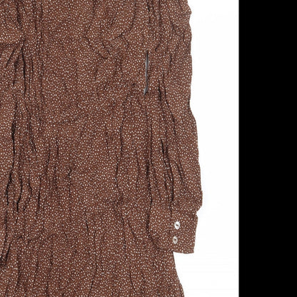 New Look Womens Brown Geometric Viscose A-Line Size 10 Mock Neck Button