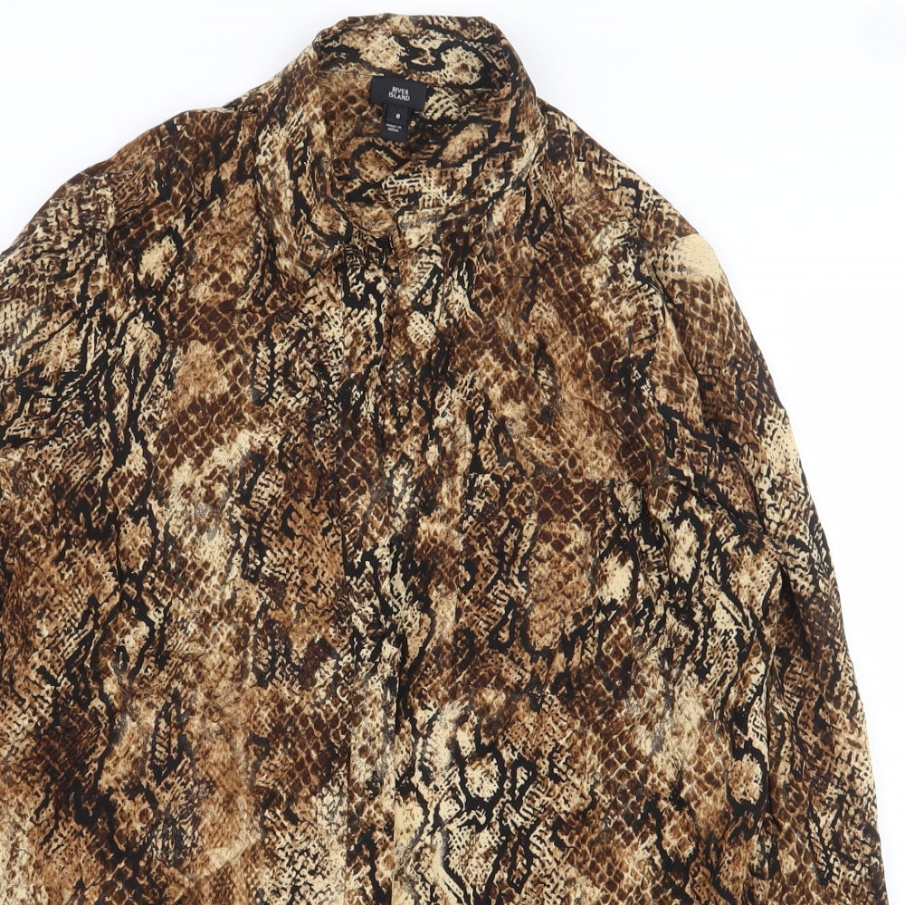 River Island Womens Beige Animal Print Viscose Basic Button-Up Size 8 Collared - Snake Skin Print