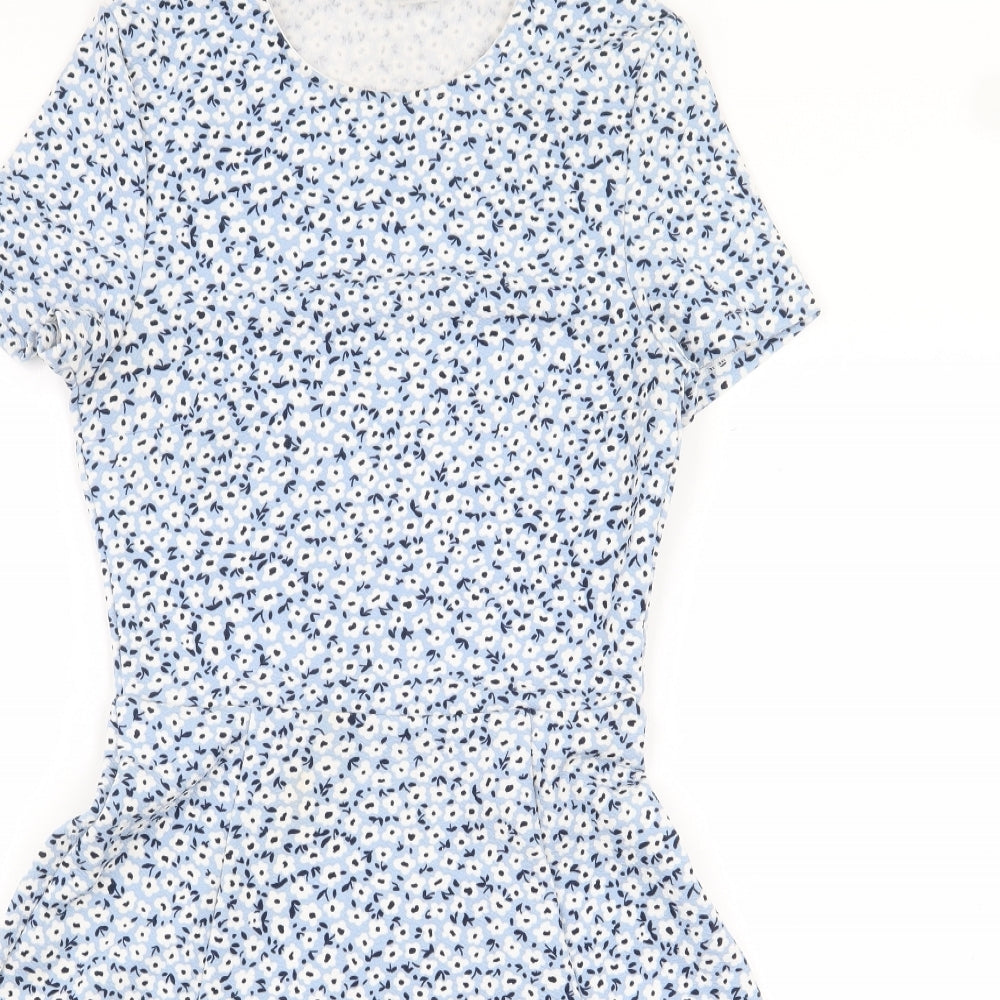 H&M Womens Blue Floral Polyester A-Line Size 4 Boat Neck Pullover