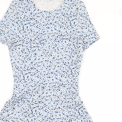 H&M Womens Blue Floral Polyester A-Line Size 4 Boat Neck Pullover