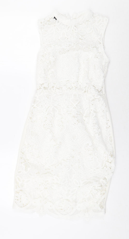 Quiz Womens White Floral Polyester Bodycon Size 6 Mock Neck Zip