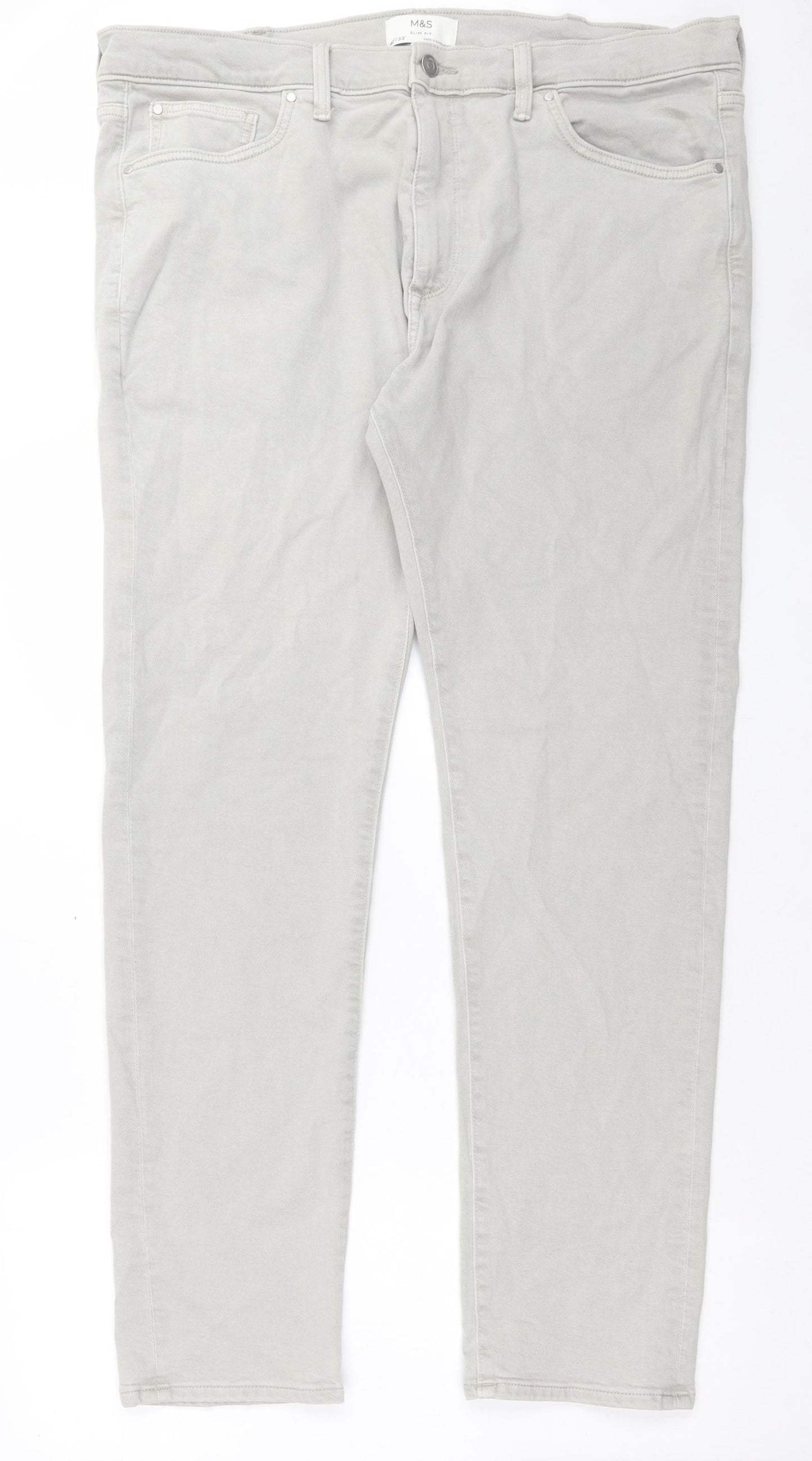 Marks and Spencer Mens Grey Cotton Straight Jeans Size 40 in L33 in Slim Button - Long Leg