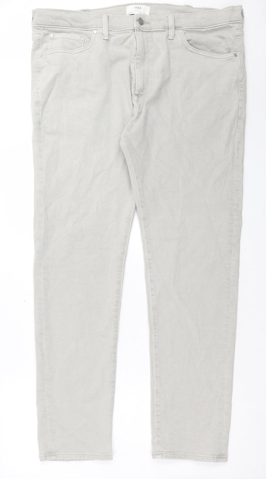 Marks and Spencer Mens Grey Cotton Straight Jeans Size 40 in L33 in Slim Button - Long Leg