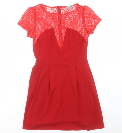 Love Womens Red Polyester A-Line Size M Boat Neck Zip - Lace Detail