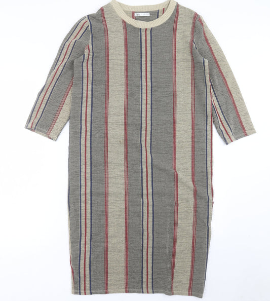 Zara Womens Multicoloured Striped Polyester Jumper Dress Size M Crew Neck Pullover