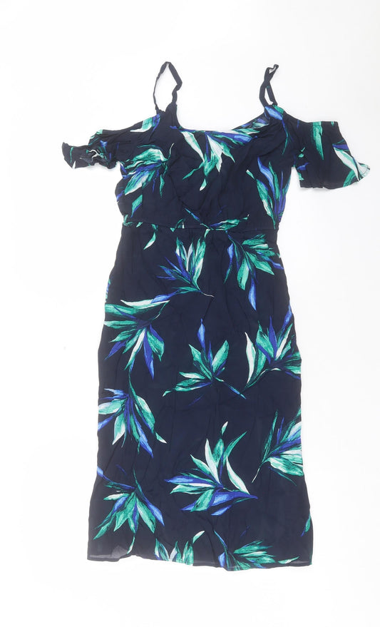 Debenhams Womens Blue Geometric Viscose A-Line Size 8 Scoop Neck Pullover - Cold Shoulder