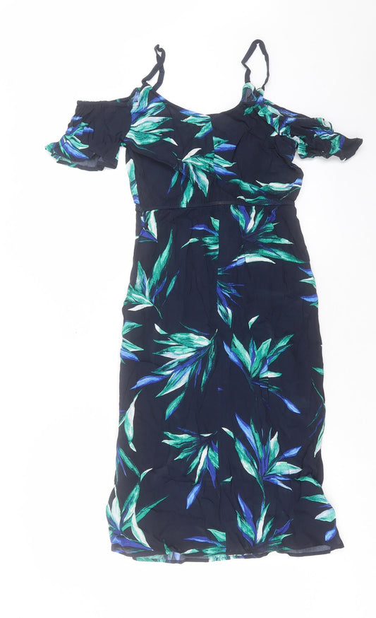 Debenhams Womens Blue Geometric Viscose A-Line Size 8 Scoop Neck Pullover - Cold Shoulder