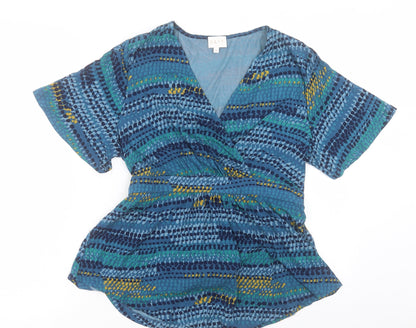 EAST Womens Blue Geometric Viscose Basic T-Shirt Size M V-Neck