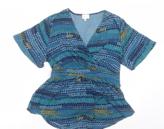 EAST Womens Blue Geometric Viscose Basic T-Shirt Size M V-Neck