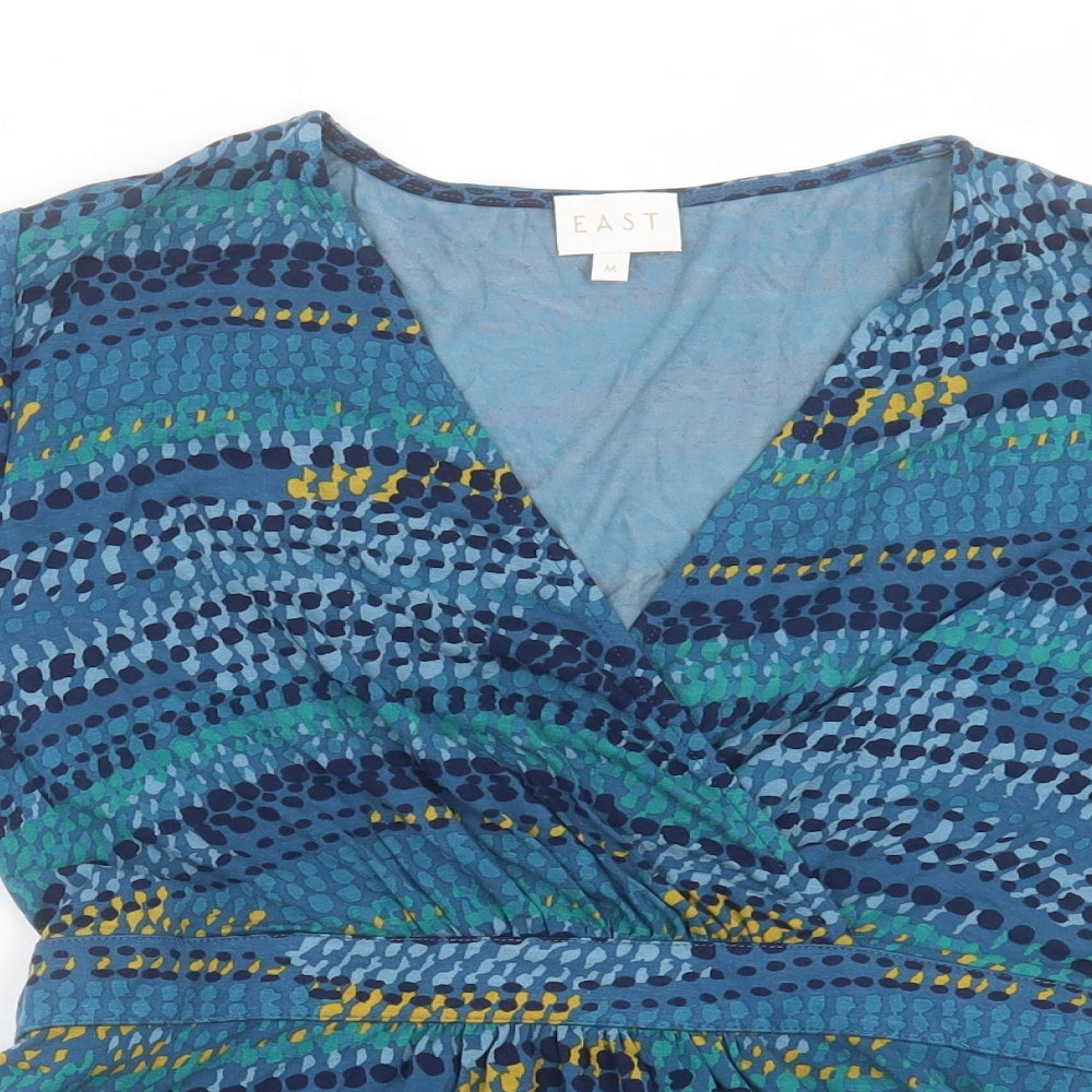 EAST Womens Blue Geometric Viscose Basic T-Shirt Size M V-Neck