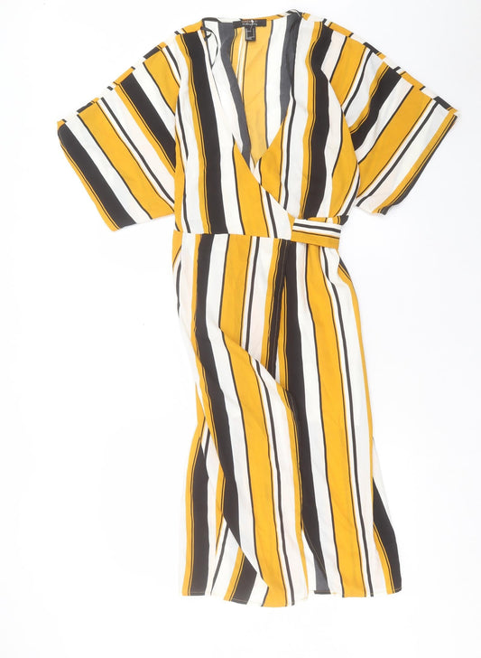 FOREVER 21 Womens Yellow Striped Polyester Wrap Dress Size S V-Neck Tie