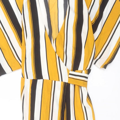 FOREVER 21 Womens Yellow Striped Polyester Wrap Dress Size S V-Neck Tie