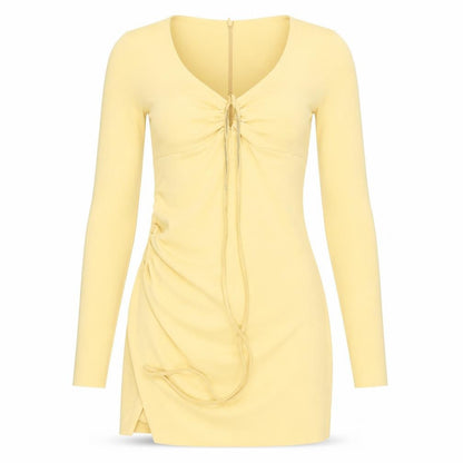 Zara Womens Yellow Polyester Bodycon Size S V-Neck Zip - Glitter Tie Waist. Key Hole