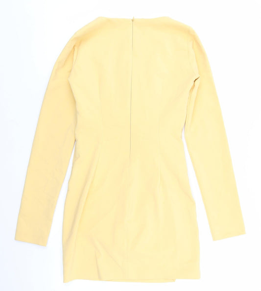 Zara Womens Yellow Polyester Bodycon Size S V-Neck Zip - Glitter Tie Waist. Key Hole