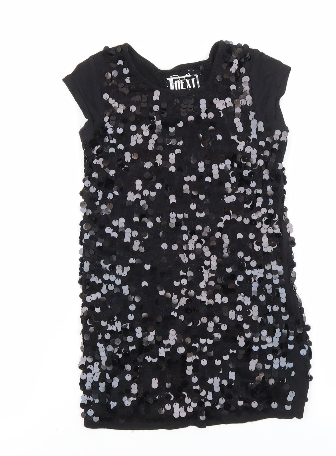 NEXT Girls Black Geometric 100% Cotton Basic T-Shirt Size 4 Years Round Neck Pullover